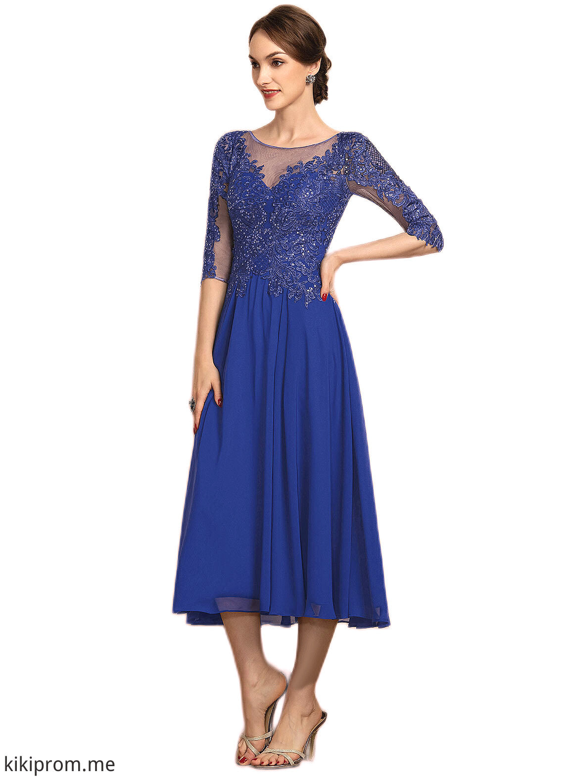 Blanche A-Line Scoop Neck Tea-Length Chiffon Lace Mother of the Bride Dress With Sequins STF126P0014565