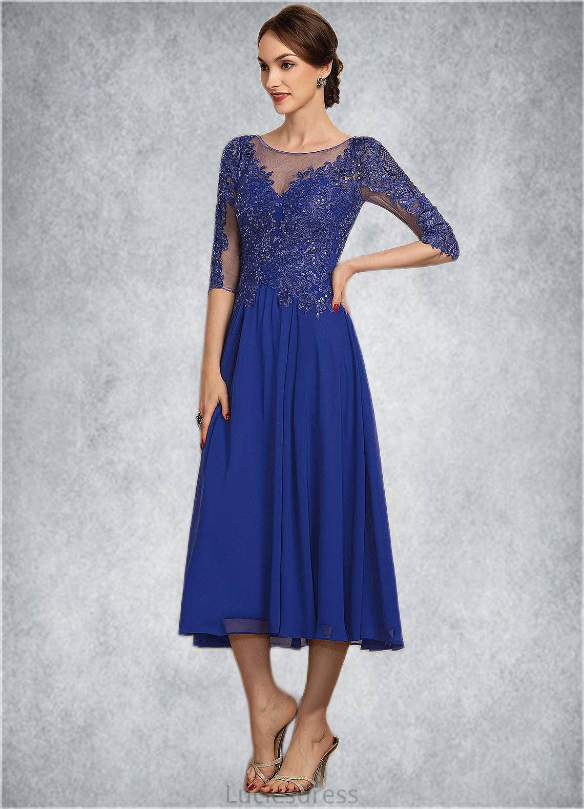 Everly A-Line Scoop Neck Tea-Length Chiffon Lace Mother of the Bride Dress With Sequins HF126P0014565