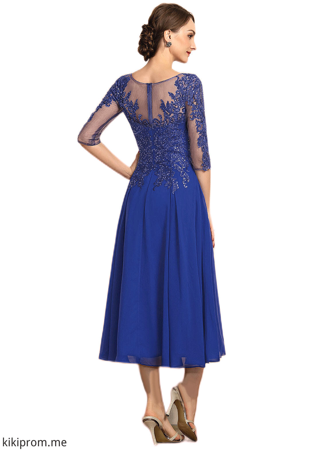 Blanche A-Line Scoop Neck Tea-Length Chiffon Lace Mother of the Bride Dress With Sequins STF126P0014565