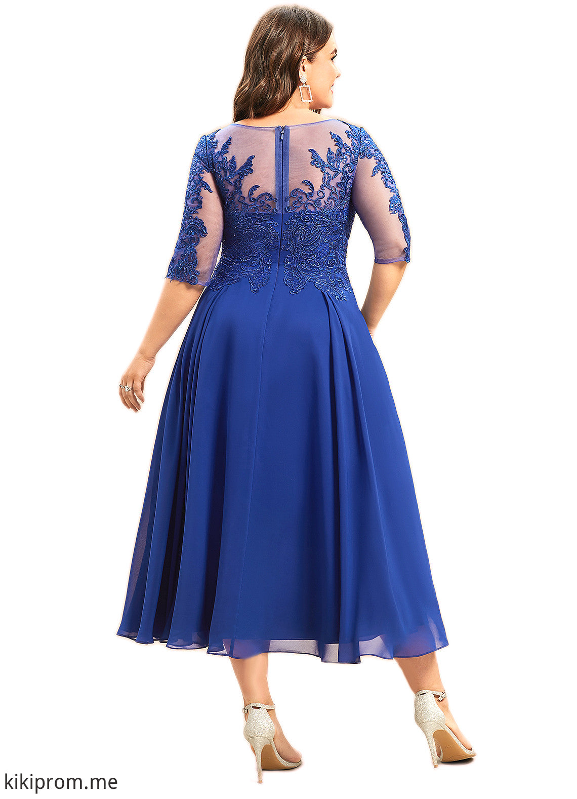 Blanche A-Line Scoop Neck Tea-Length Chiffon Lace Mother of the Bride Dress With Sequins STF126P0014565