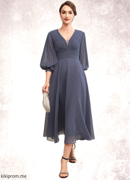 Josephine A-Line V-neck Tea-Length Chiffon Mother of the Bride Dress With Ruffle STF126P0014566