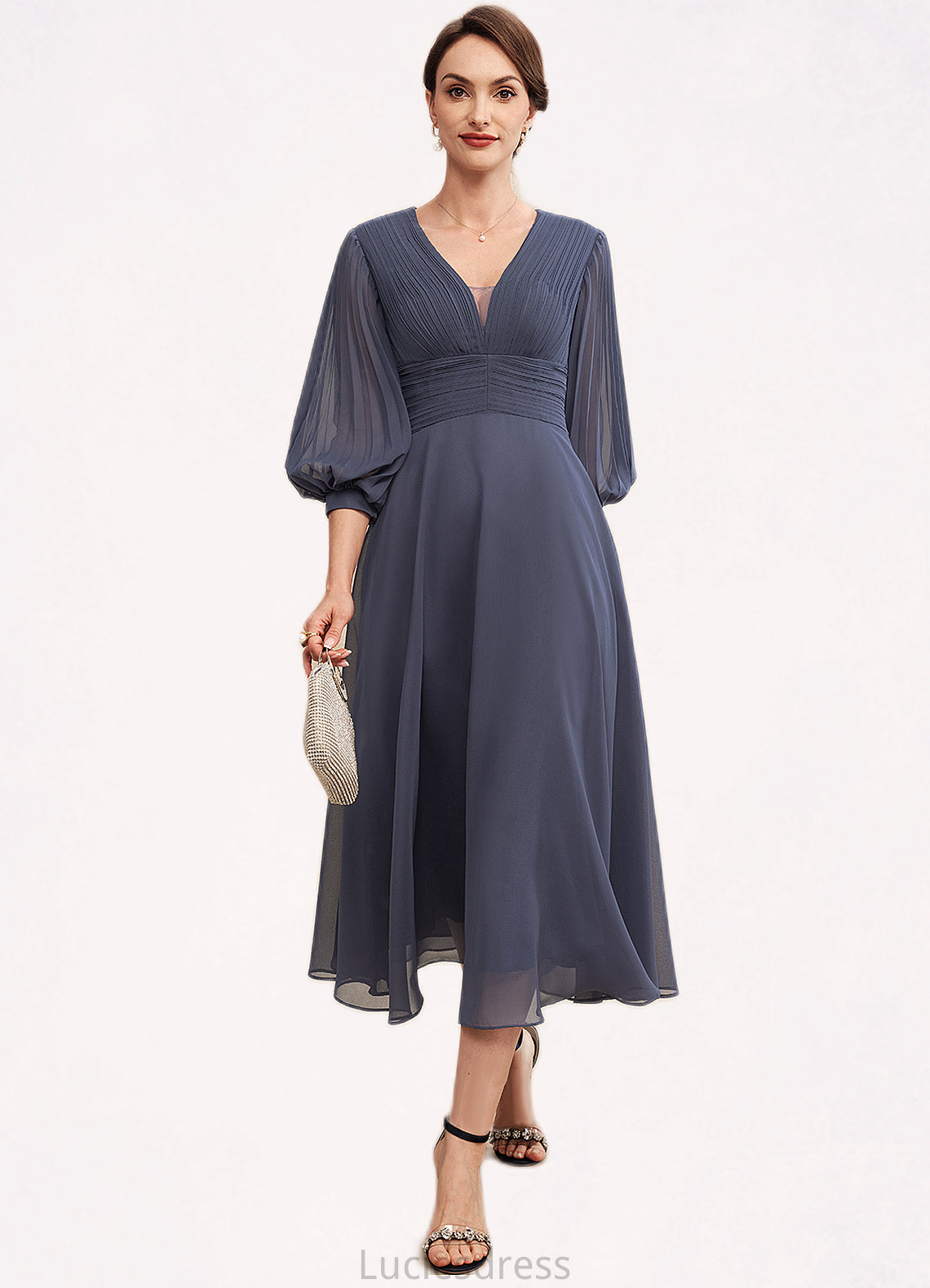 Alannah A-Line V-neck Tea-Length Chiffon Mother of the Bride Dress With Ruffle HF126P0014566