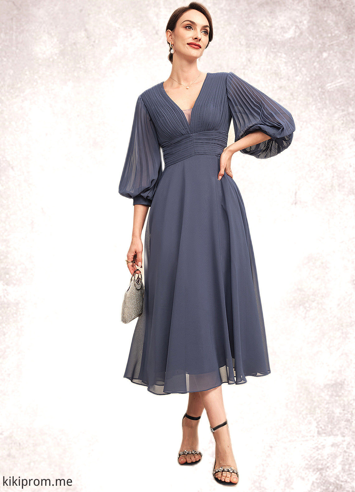 Josephine A-Line V-neck Tea-Length Chiffon Mother of the Bride Dress With Ruffle STF126P0014566