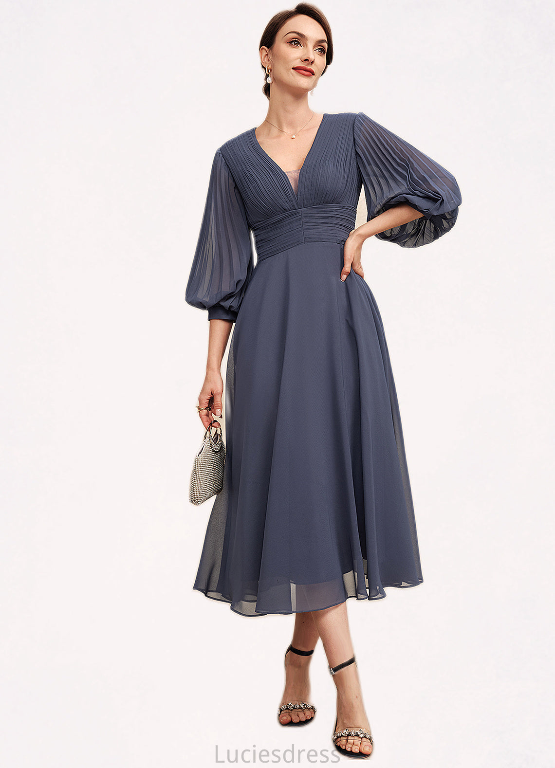 Alannah A-Line V-neck Tea-Length Chiffon Mother of the Bride Dress With Ruffle HF126P0014566