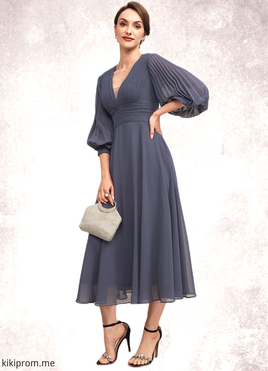 Josephine A-Line V-neck Tea-Length Chiffon Mother of the Bride Dress With Ruffle STF126P0014566