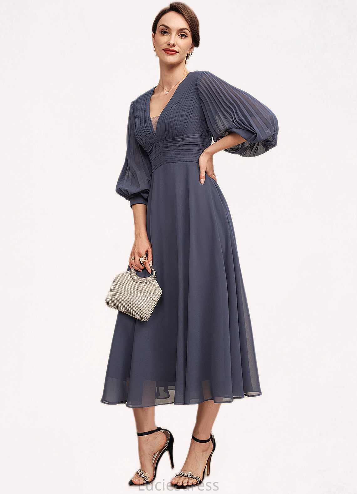 Alannah A-Line V-neck Tea-Length Chiffon Mother of the Bride Dress With Ruffle HF126P0014566