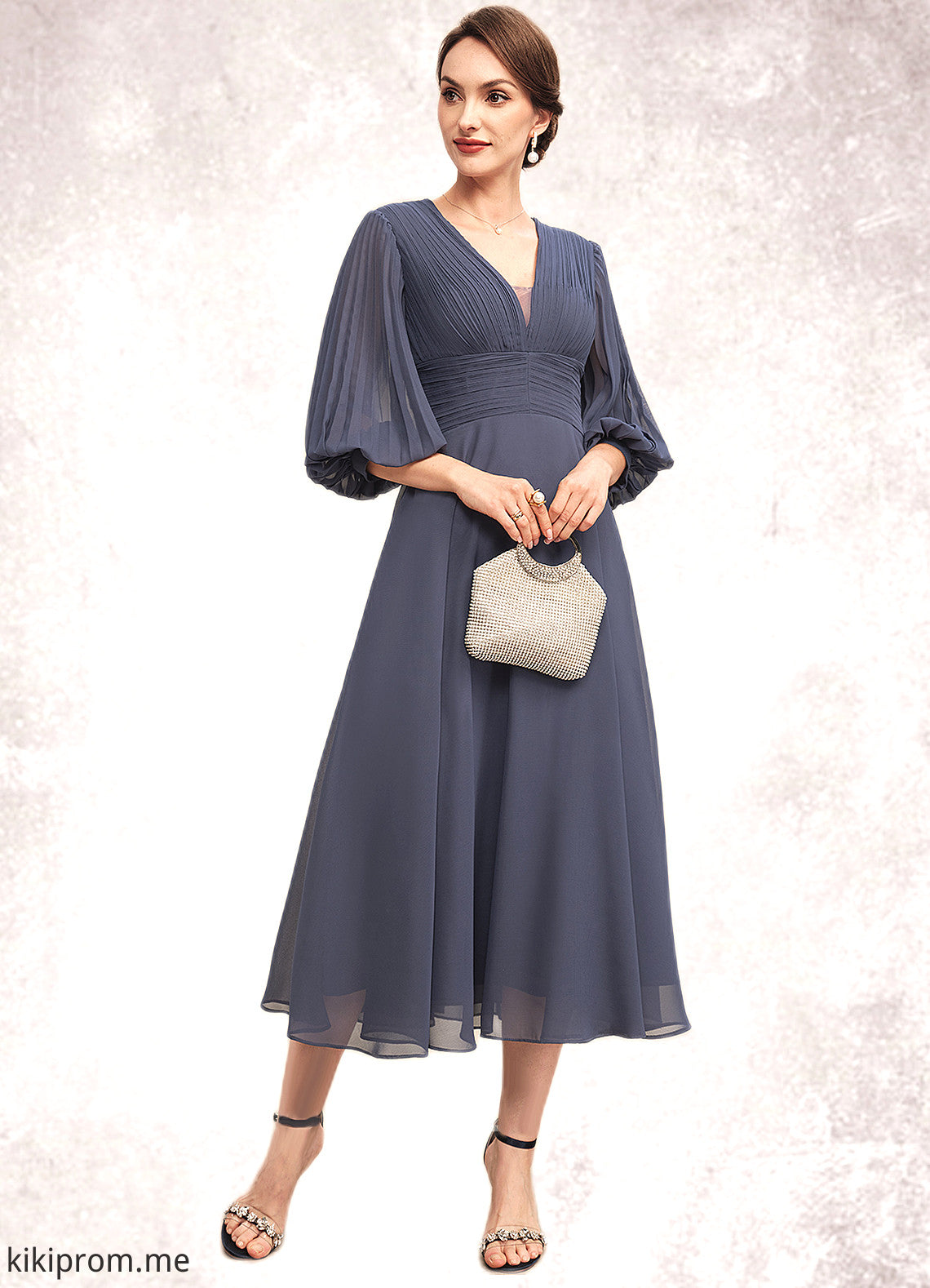 Josephine A-Line V-neck Tea-Length Chiffon Mother of the Bride Dress With Ruffle STF126P0014566