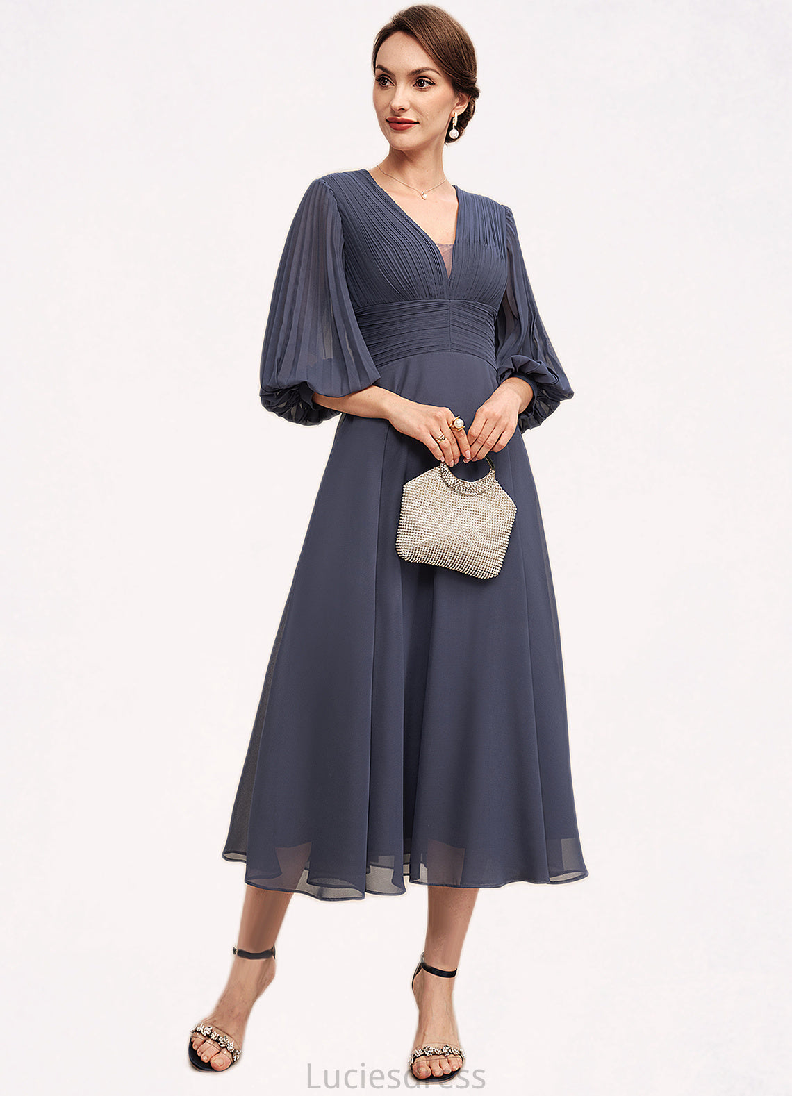 Alannah A-Line V-neck Tea-Length Chiffon Mother of the Bride Dress With Ruffle HF126P0014566