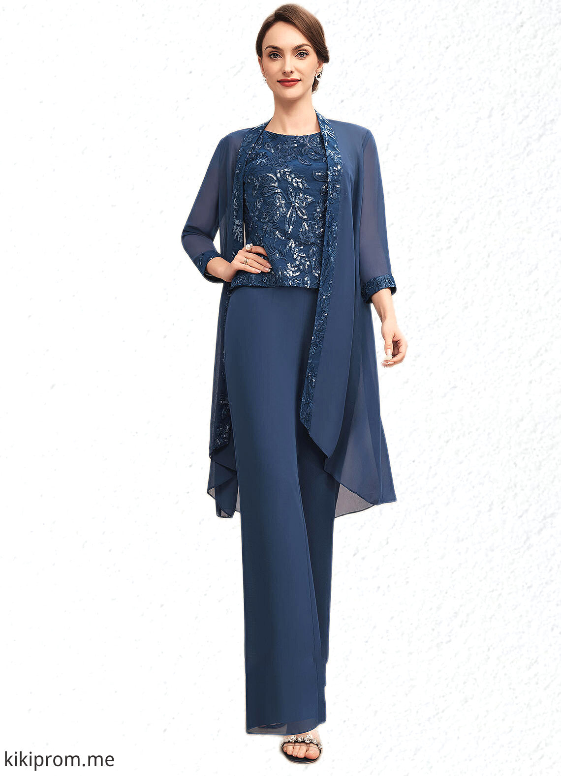 Giada Jumpsuit/Pantsuit Scoop Neck Floor-Length Chiffon Lace Mother of the Bride Dress With Sequins STF126P0014567