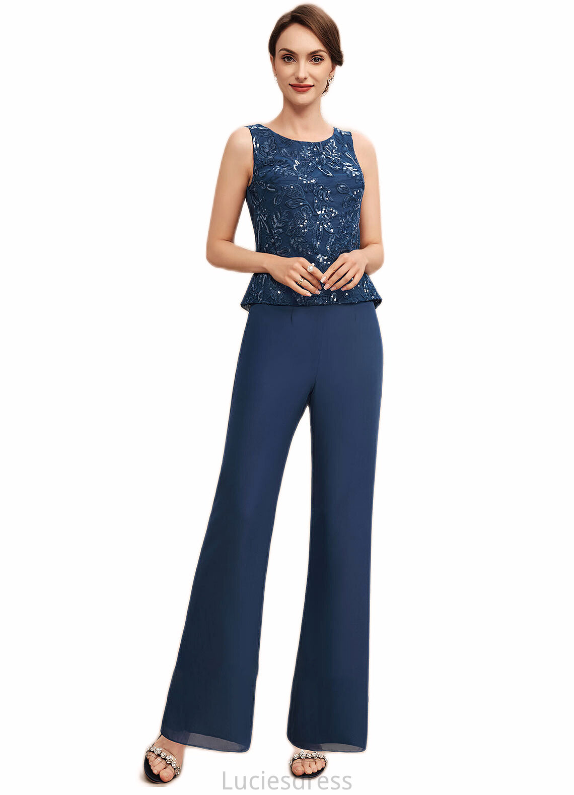 Leah Jumpsuit/Pantsuit Scoop Neck Floor-Length Chiffon Lace Mother of the Bride Dress With Sequins HF126P0014567