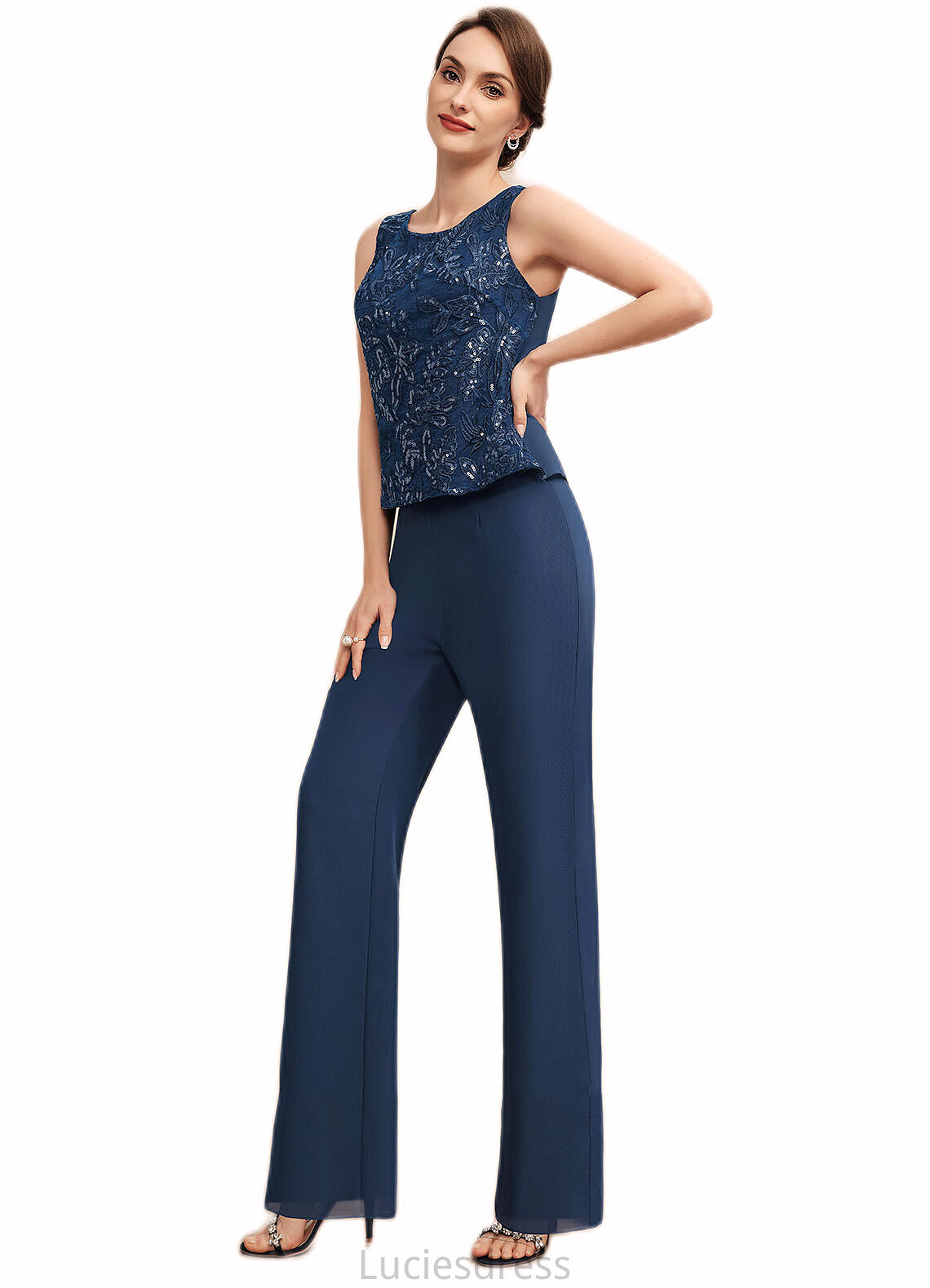 Leah Jumpsuit/Pantsuit Scoop Neck Floor-Length Chiffon Lace Mother of the Bride Dress With Sequins HF126P0014567