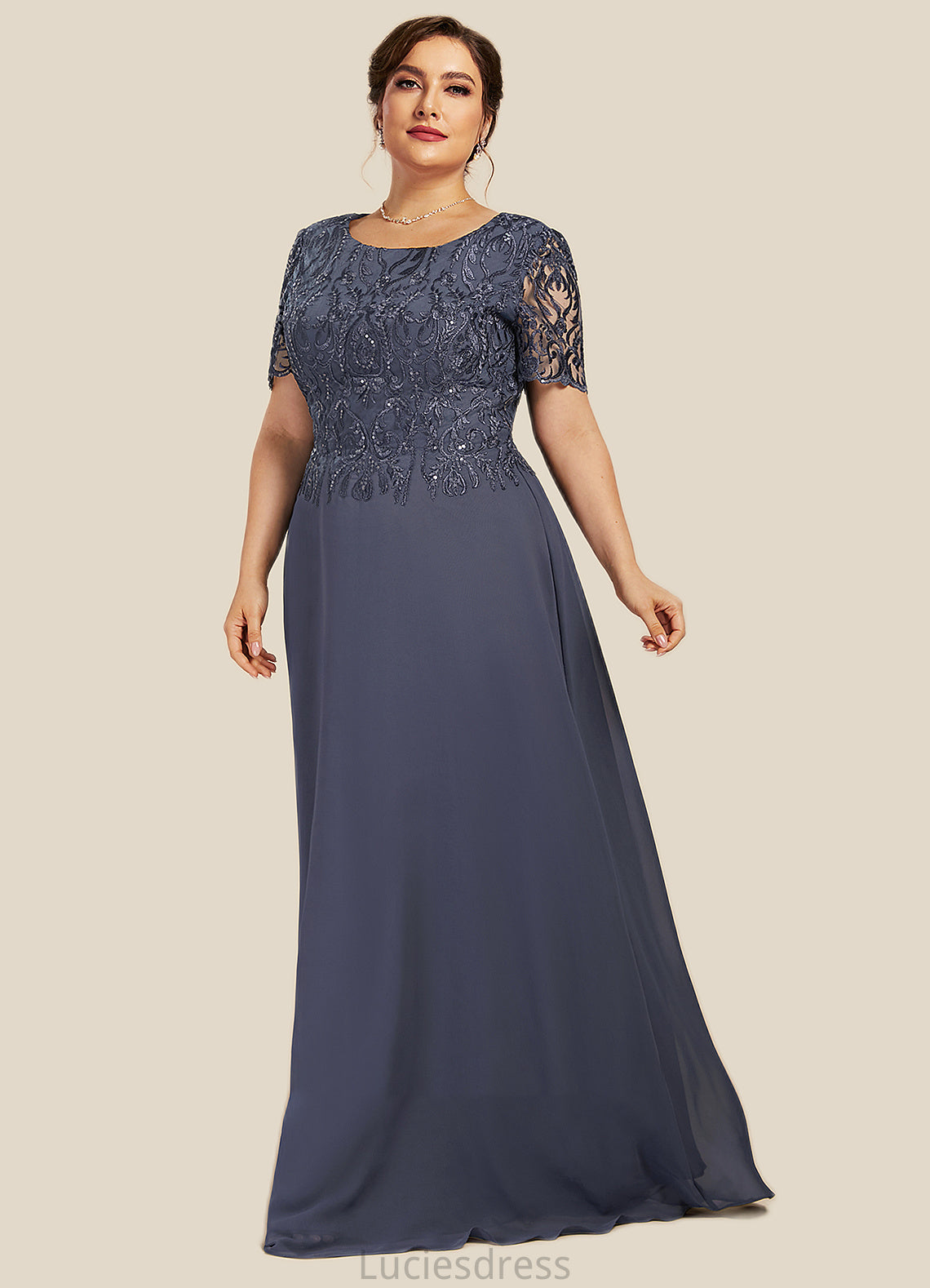 Jeanie A-Line Scoop Neck Floor-Length Chiffon Lace Mother of the Bride Dress HF126P0014568