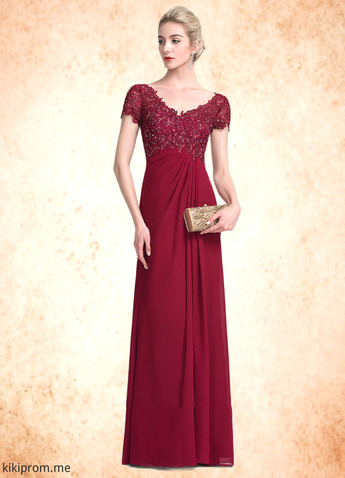 Mandy A-Line V-neck Floor-Length Chiffon Lace Mother of the Bride Dress With Ruffle Beading STF126P0014569