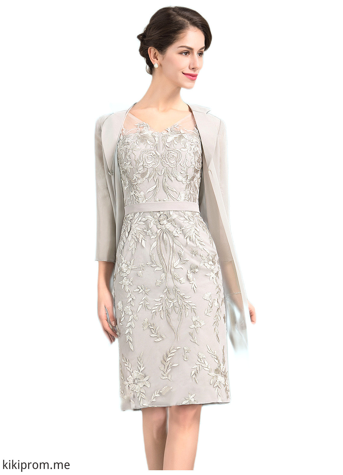 Elyse Sheath/Column V-neck Knee-Length Lace Mother of the Bride Dress STF126P0014570