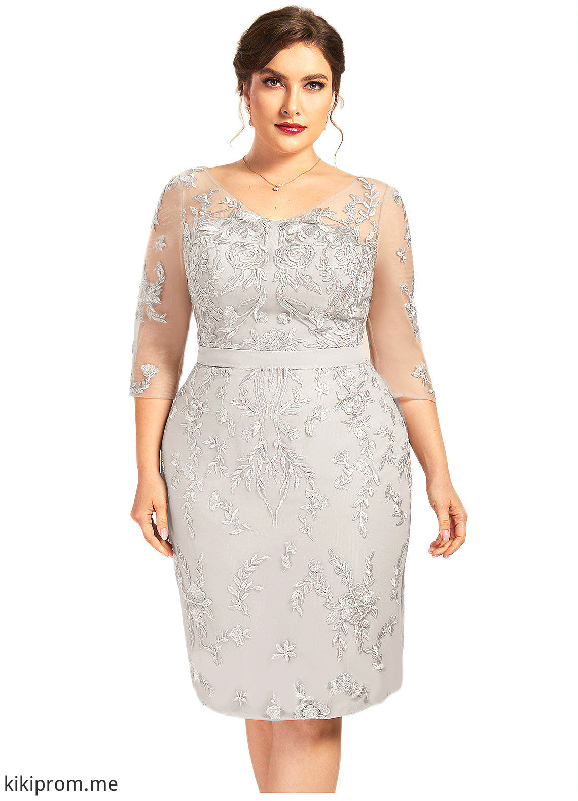 Elyse Sheath/Column V-neck Knee-Length Lace Mother of the Bride Dress STF126P0014570