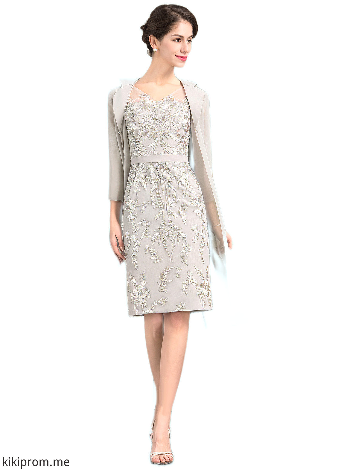 Elyse Sheath/Column V-neck Knee-Length Lace Mother of the Bride Dress STF126P0014570