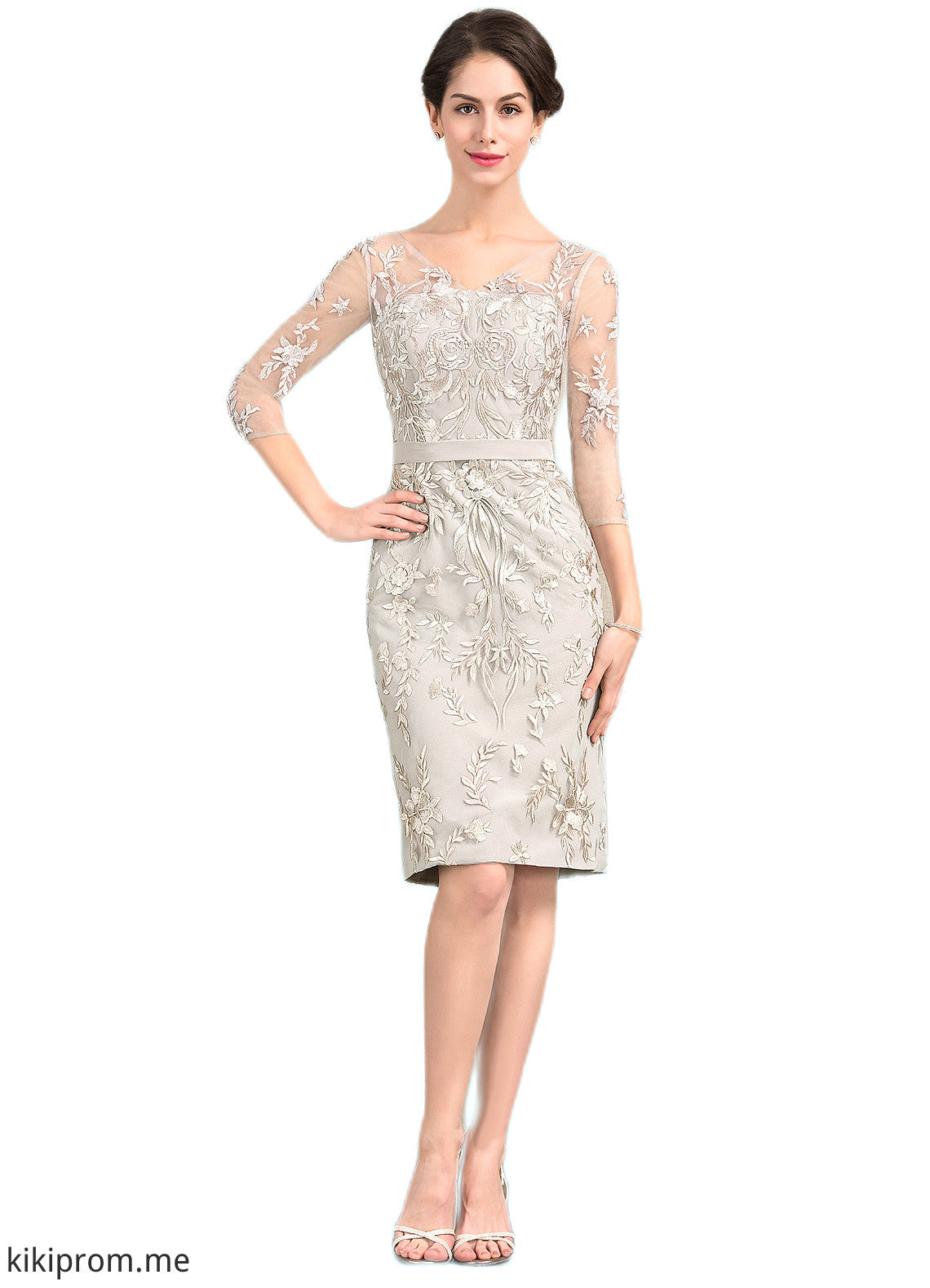 Elyse Sheath/Column V-neck Knee-Length Lace Mother of the Bride Dress STF126P0014570