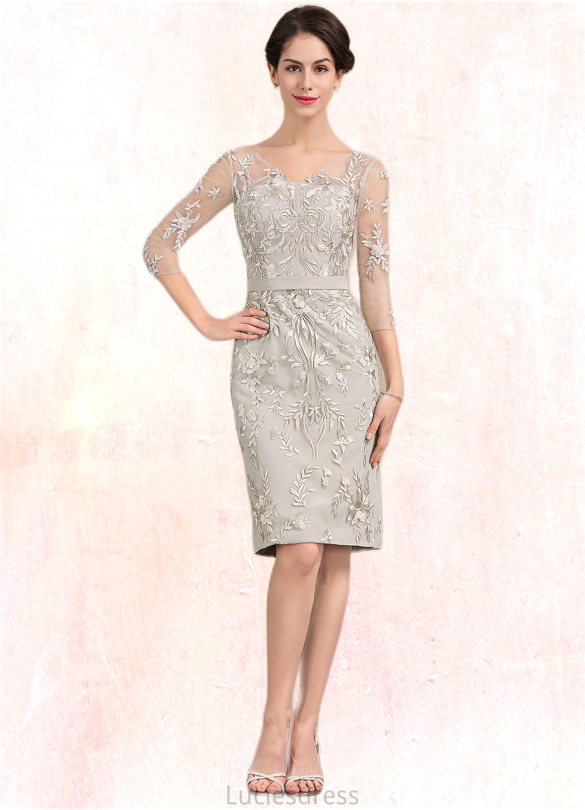 Claire Sheath/Column V-neck Knee-Length Lace Mother of the Bride Dress HF126P0014570