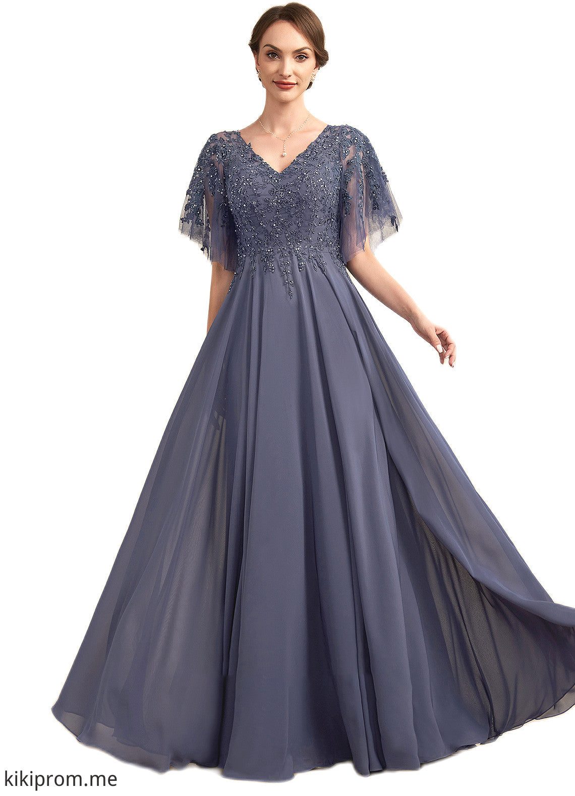 Sanai A-line V-Neck Floor-Length Chiffon Lace Mother of the Bride Dress With Beading Sequins STF126P0014571