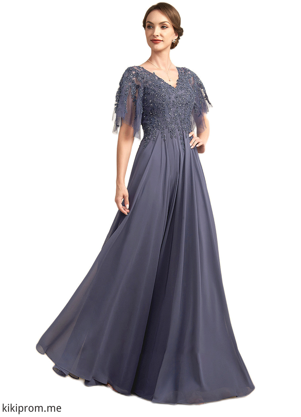 Sanai A-line V-Neck Floor-Length Chiffon Lace Mother of the Bride Dress With Beading Sequins STF126P0014571