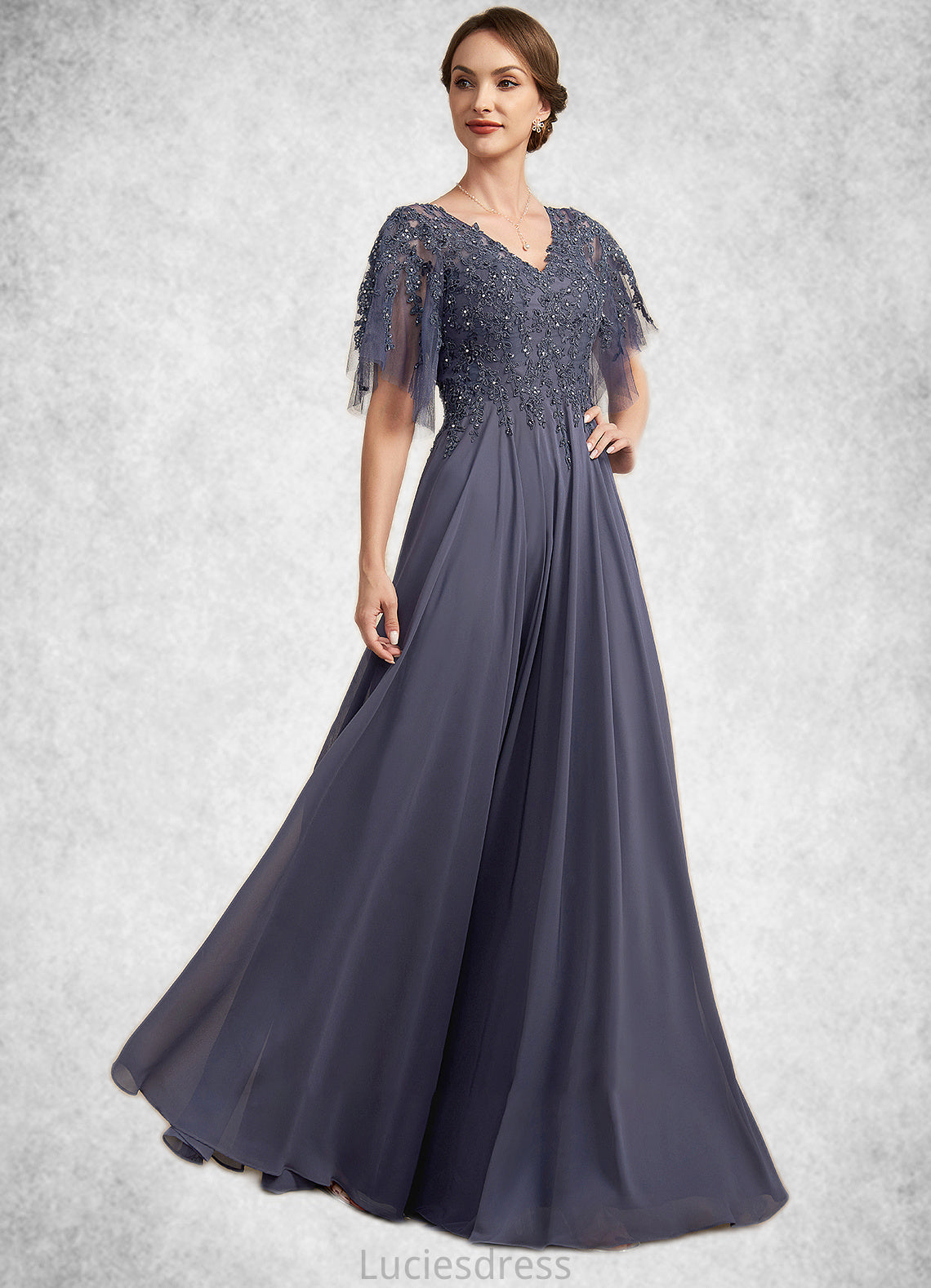 Alice A-line V-Neck Floor-Length Chiffon Lace Mother of the Bride Dress With Beading Sequins HF126P0014571