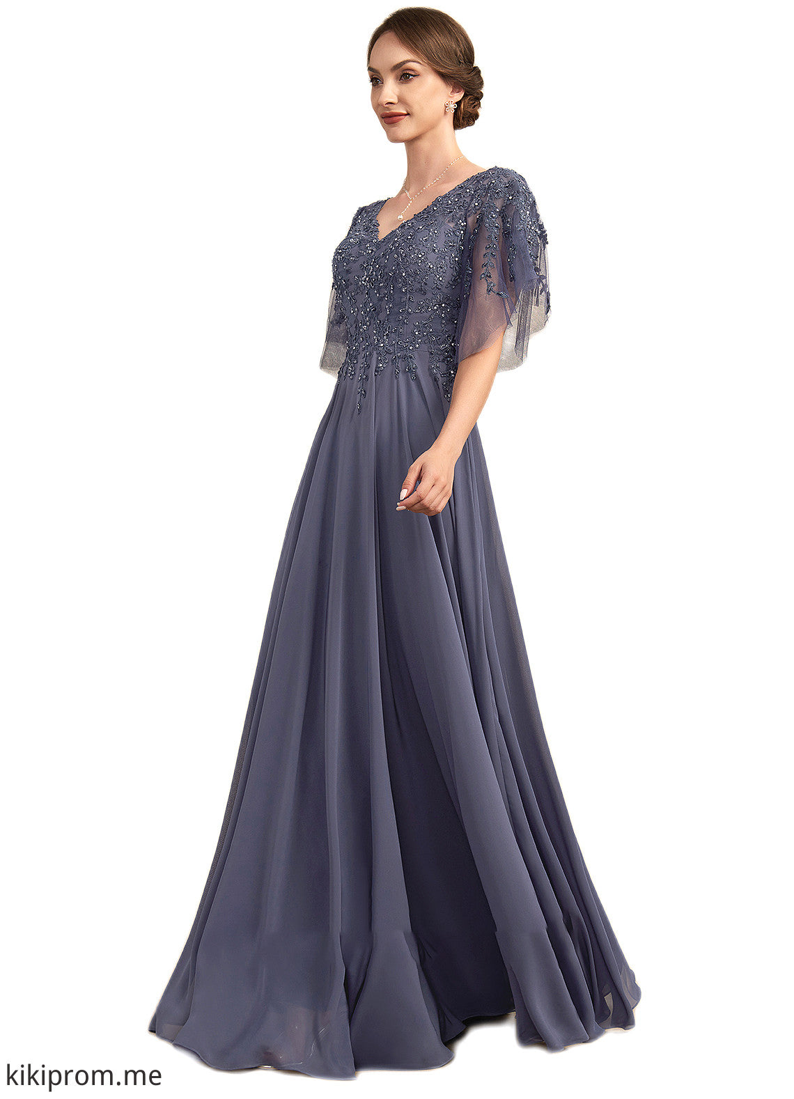 Sanai A-line V-Neck Floor-Length Chiffon Lace Mother of the Bride Dress With Beading Sequins STF126P0014571