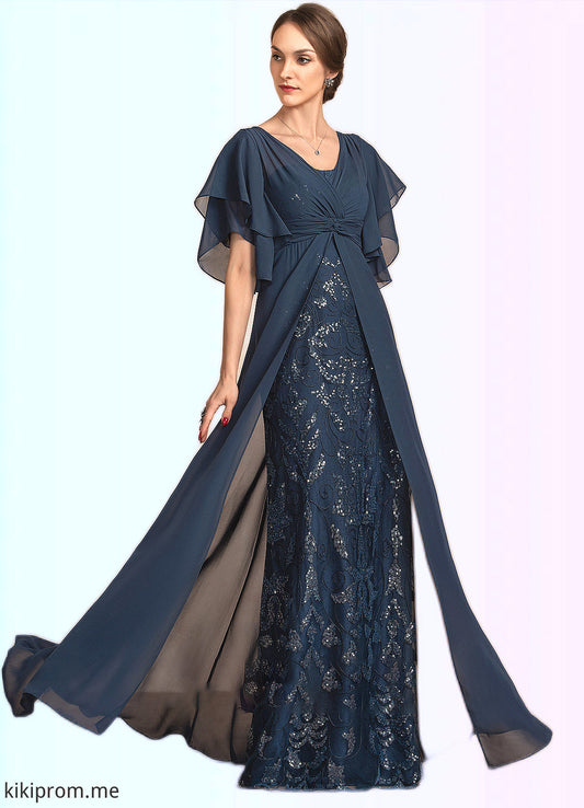 Paisley Sheath/Column V-neck Floor-Length Chiffon Lace Mother of the Bride Dress With Ruffle Sequins STF126P0014573