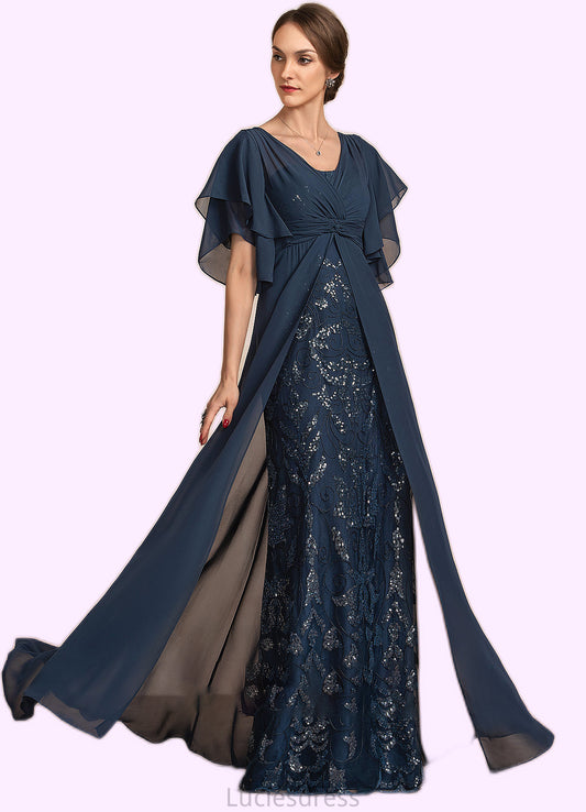 Ava Sheath/Column V-neck Floor-Length Chiffon Lace Mother of the Bride Dress With Ruffle Sequins HF126P0014573