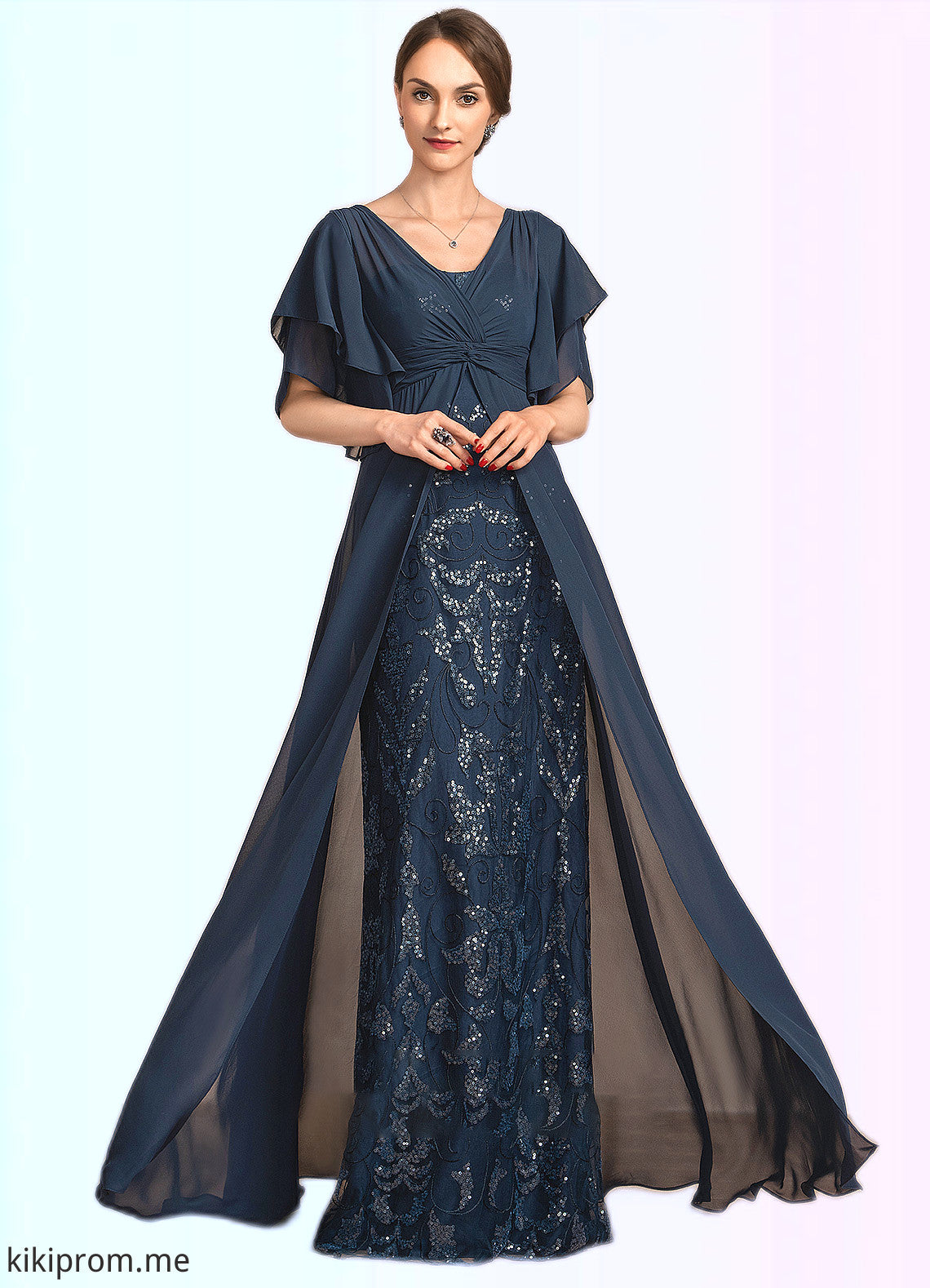 Paisley Sheath/Column V-neck Floor-Length Chiffon Lace Mother of the Bride Dress With Ruffle Sequins STF126P0014573