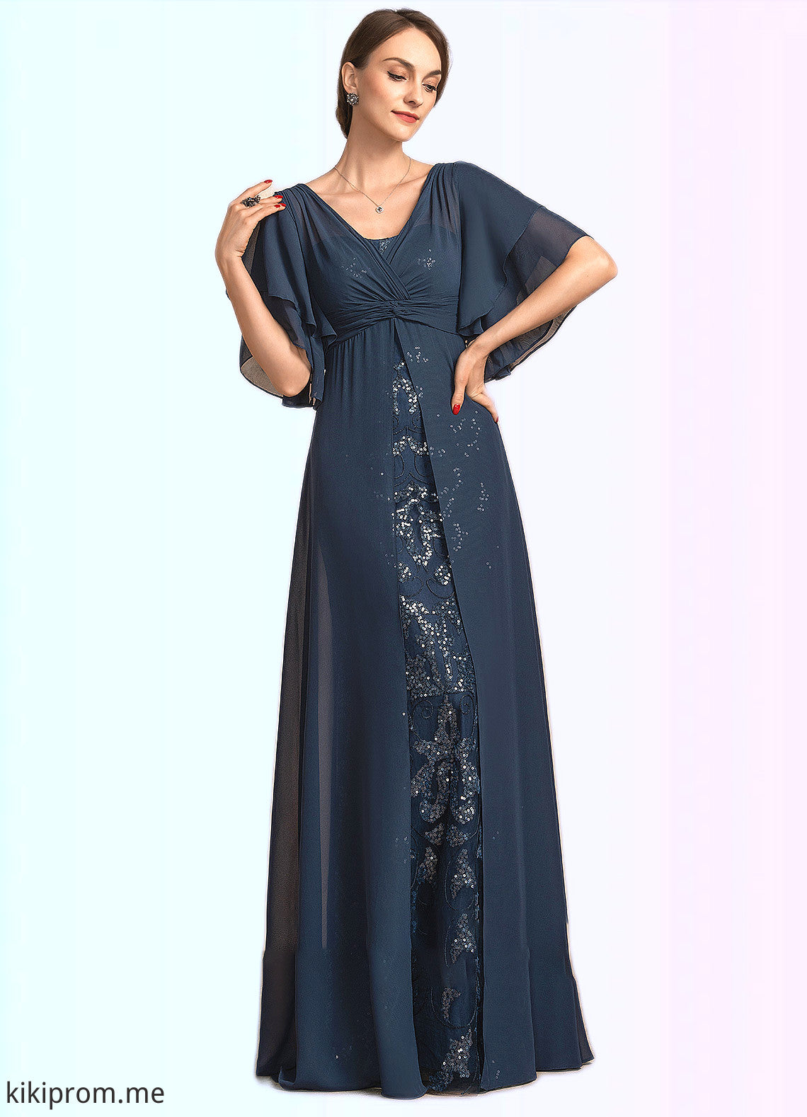 Paisley Sheath/Column V-neck Floor-Length Chiffon Lace Mother of the Bride Dress With Ruffle Sequins STF126P0014573