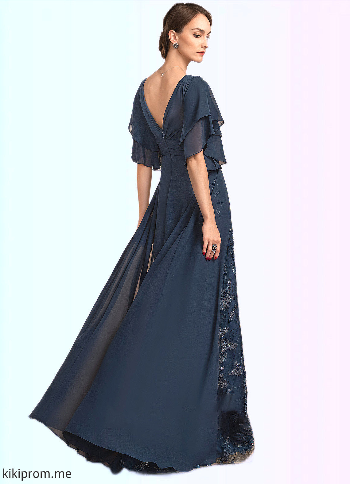 Paisley Sheath/Column V-neck Floor-Length Chiffon Lace Mother of the Bride Dress With Ruffle Sequins STF126P0014573