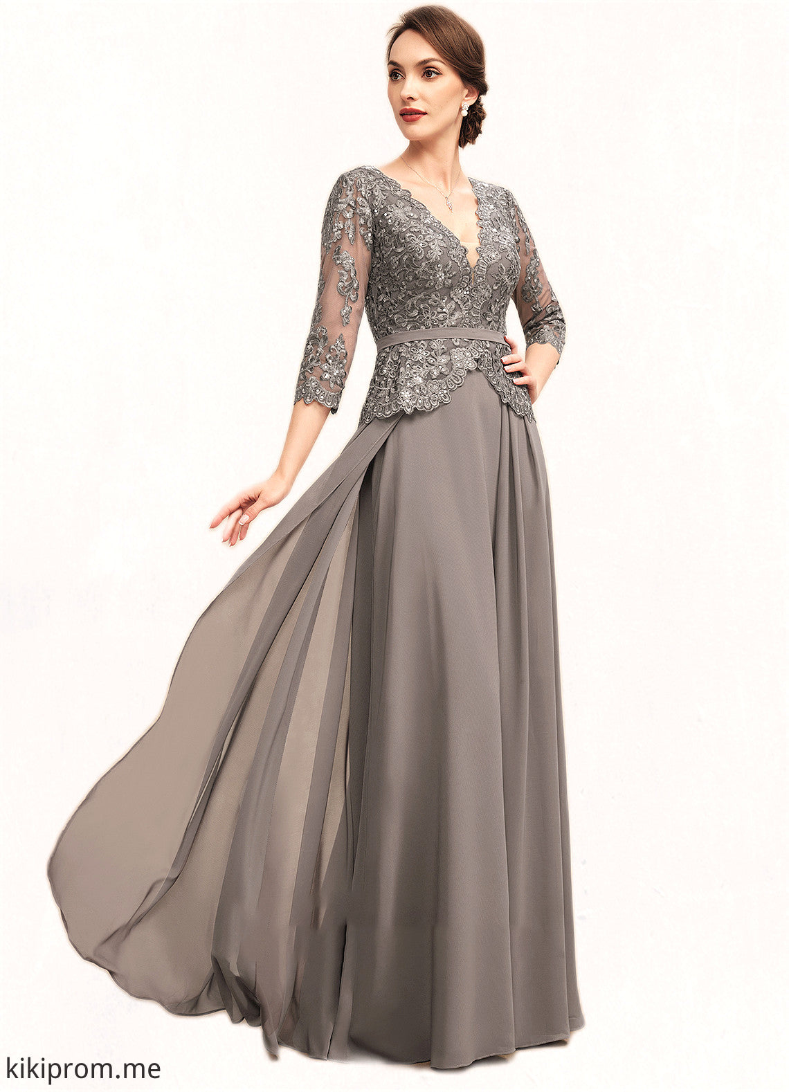 Chana A-Line V-neck Floor-Length Chiffon Lace Mother of the Bride Dress With Sequins STF126P0014574