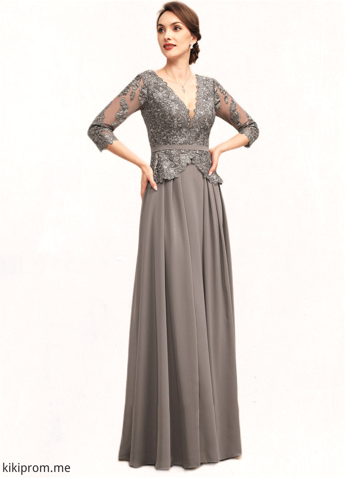 Chana A-Line V-neck Floor-Length Chiffon Lace Mother of the Bride Dress With Sequins STF126P0014574