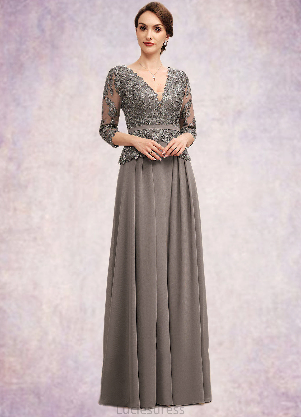 Eliza A-Line V-neck Floor-Length Chiffon Lace Mother of the Bride Dress With Sequins HF126P0014574