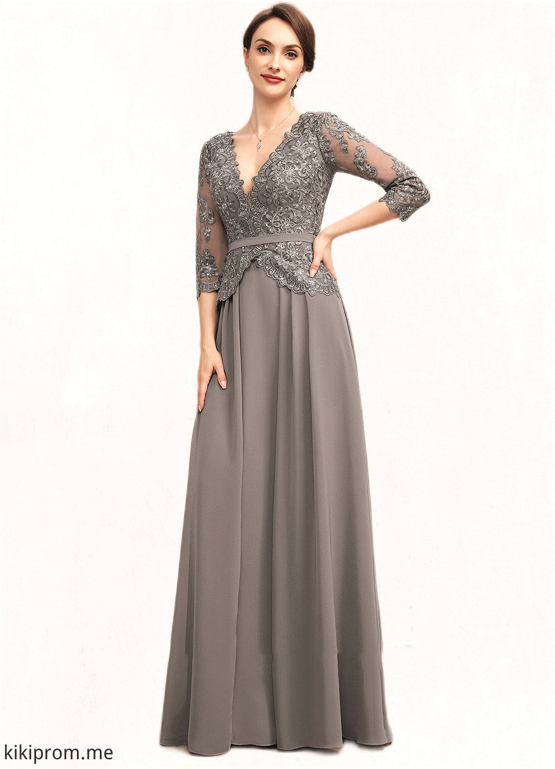 Chana A-Line V-neck Floor-Length Chiffon Lace Mother of the Bride Dress With Sequins STF126P0014574