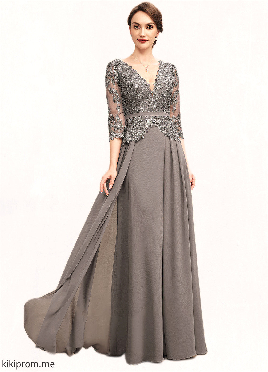 Chana A-Line V-neck Floor-Length Chiffon Lace Mother of the Bride Dress With Sequins STF126P0014574