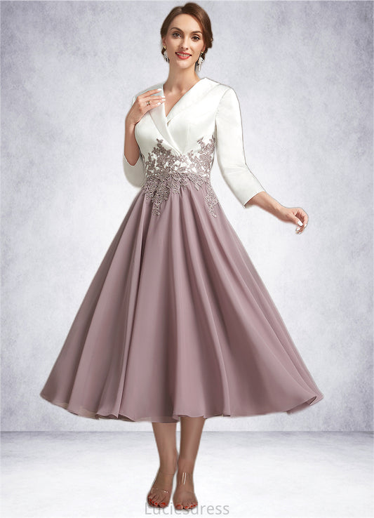 Serenity A-Line V-neck Tea-Length Chiffon Lace Mother of the Bride Dress HF126P0014575