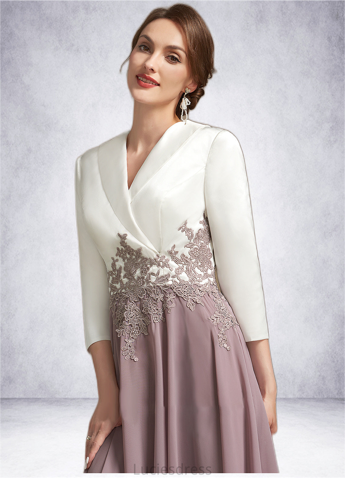 Serenity A-Line V-neck Tea-Length Chiffon Lace Mother of the Bride Dress HF126P0014575