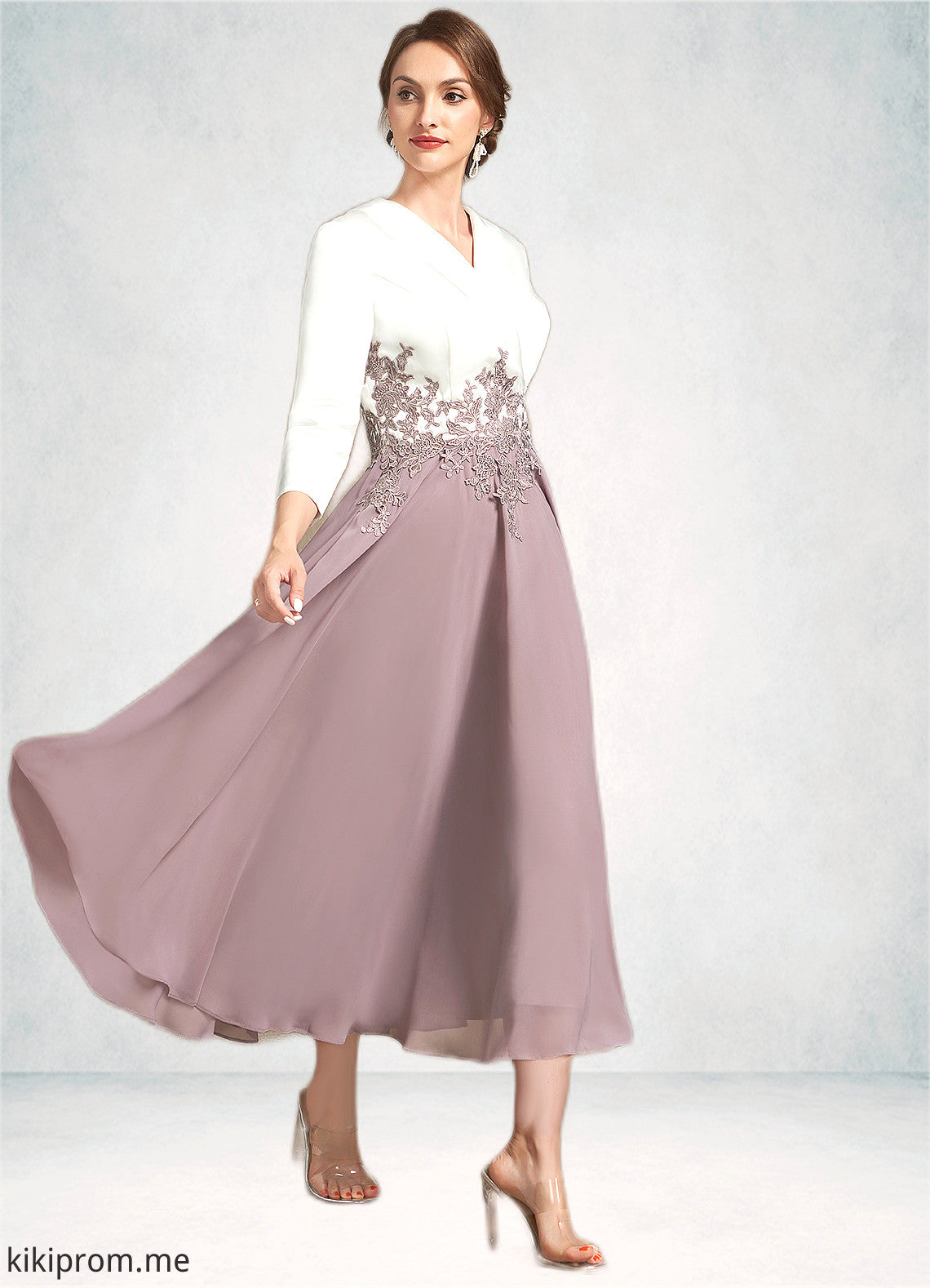 Elise A-Line V-neck Tea-Length Chiffon Lace Mother of the Bride Dress STF126P0014575