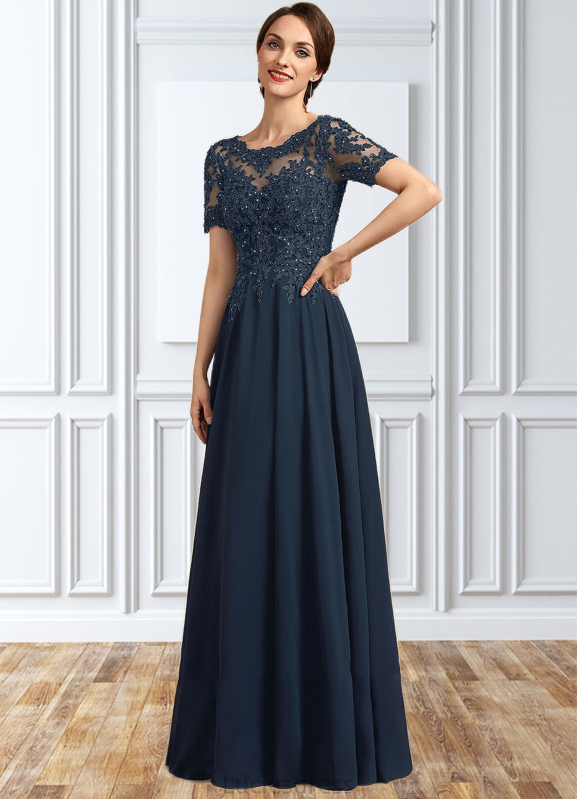 Aliza A-Line Scoop Neck Floor-Length Chiffon Lace Mother of the Bride Dress With Beading Sequins HF126P0014577