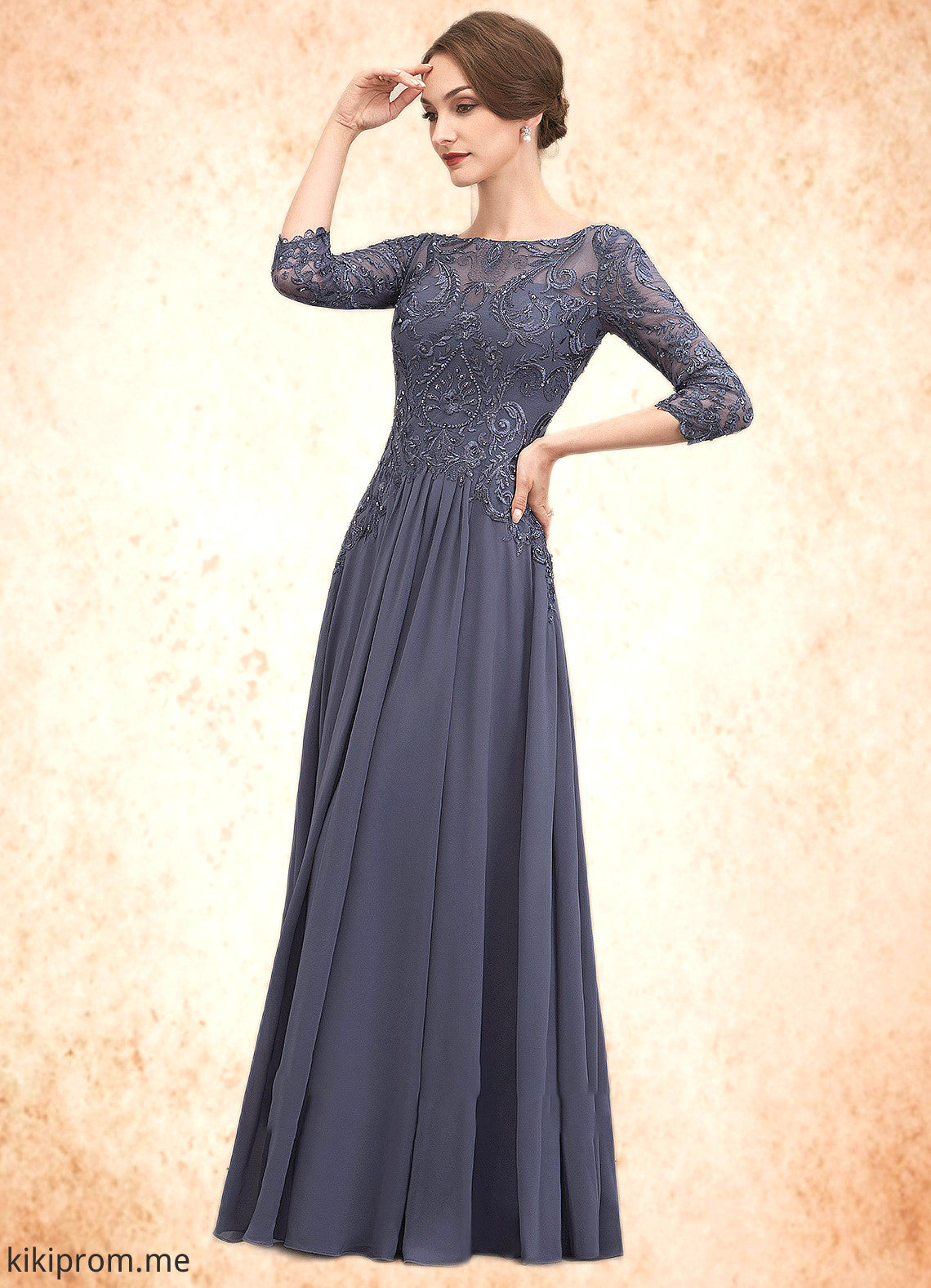 Gertie A-Line Scoop Neck Floor-Length Chiffon Lace Mother of the Bride Dress With Beading Sequins STF126P0014578