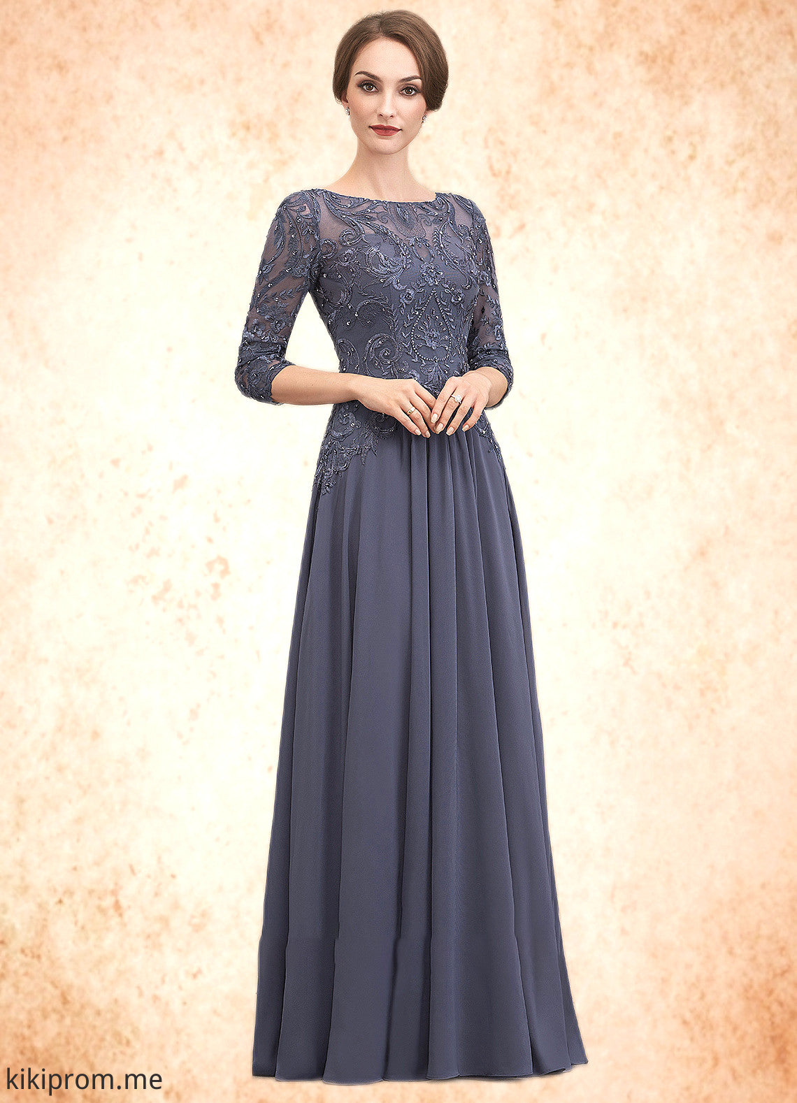 Gertie A-Line Scoop Neck Floor-Length Chiffon Lace Mother of the Bride Dress With Beading Sequins STF126P0014578