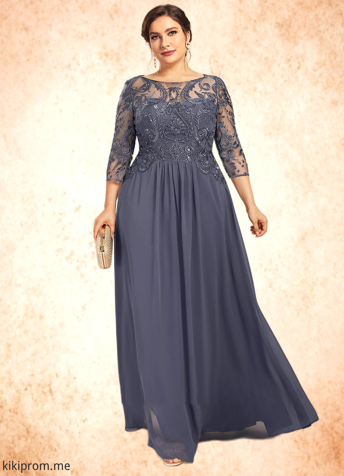 Gertie A-Line Scoop Neck Floor-Length Chiffon Lace Mother of the Bride Dress With Beading Sequins STF126P0014578