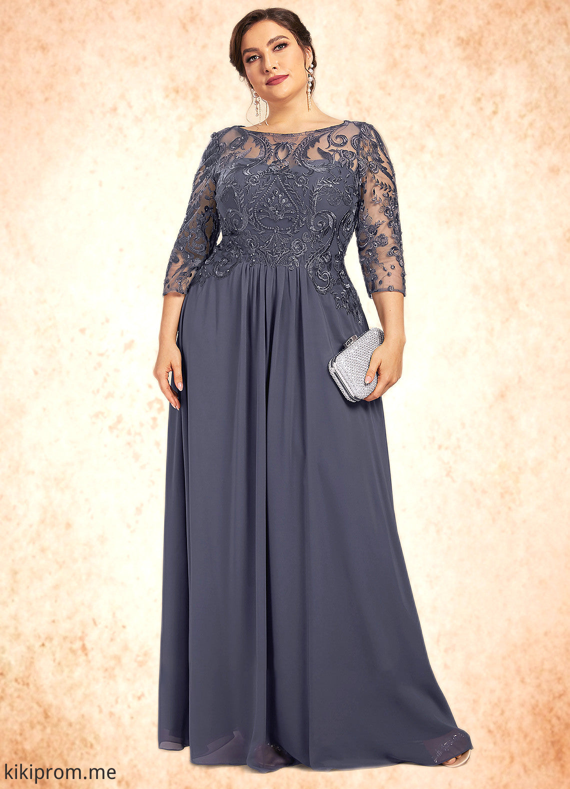 Gertie A-Line Scoop Neck Floor-Length Chiffon Lace Mother of the Bride Dress With Beading Sequins STF126P0014578