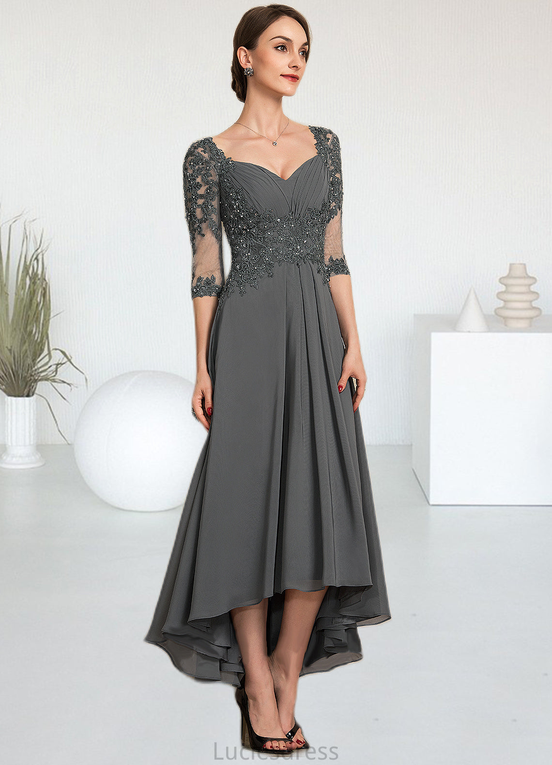 Una A-Line Sweetheart Asymmetrical Chiffon Lace Mother of the Bride Dress With Beading Sequins HF126P0014579