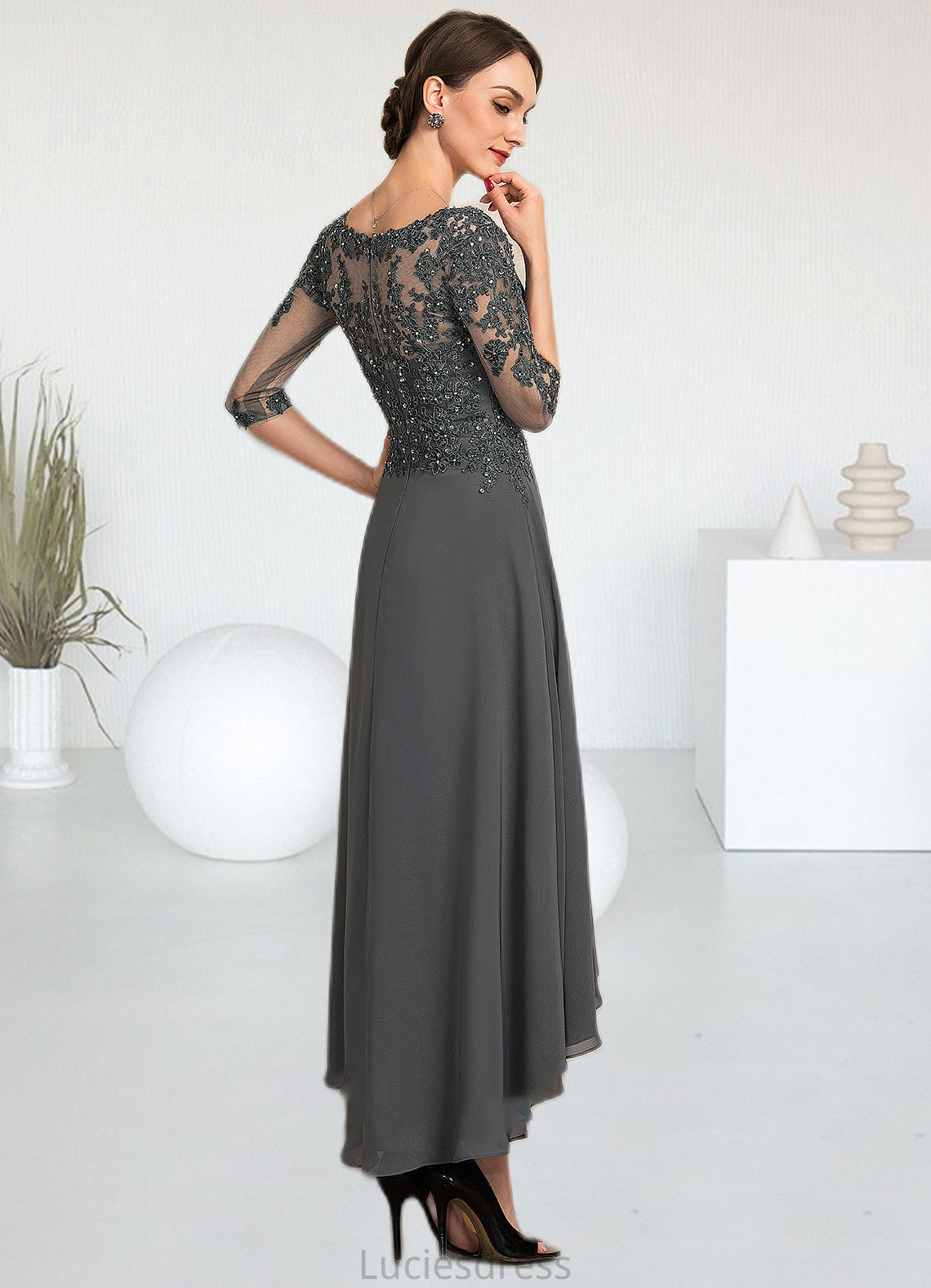 Una A-Line Sweetheart Asymmetrical Chiffon Lace Mother of the Bride Dress With Beading Sequins HF126P0014579