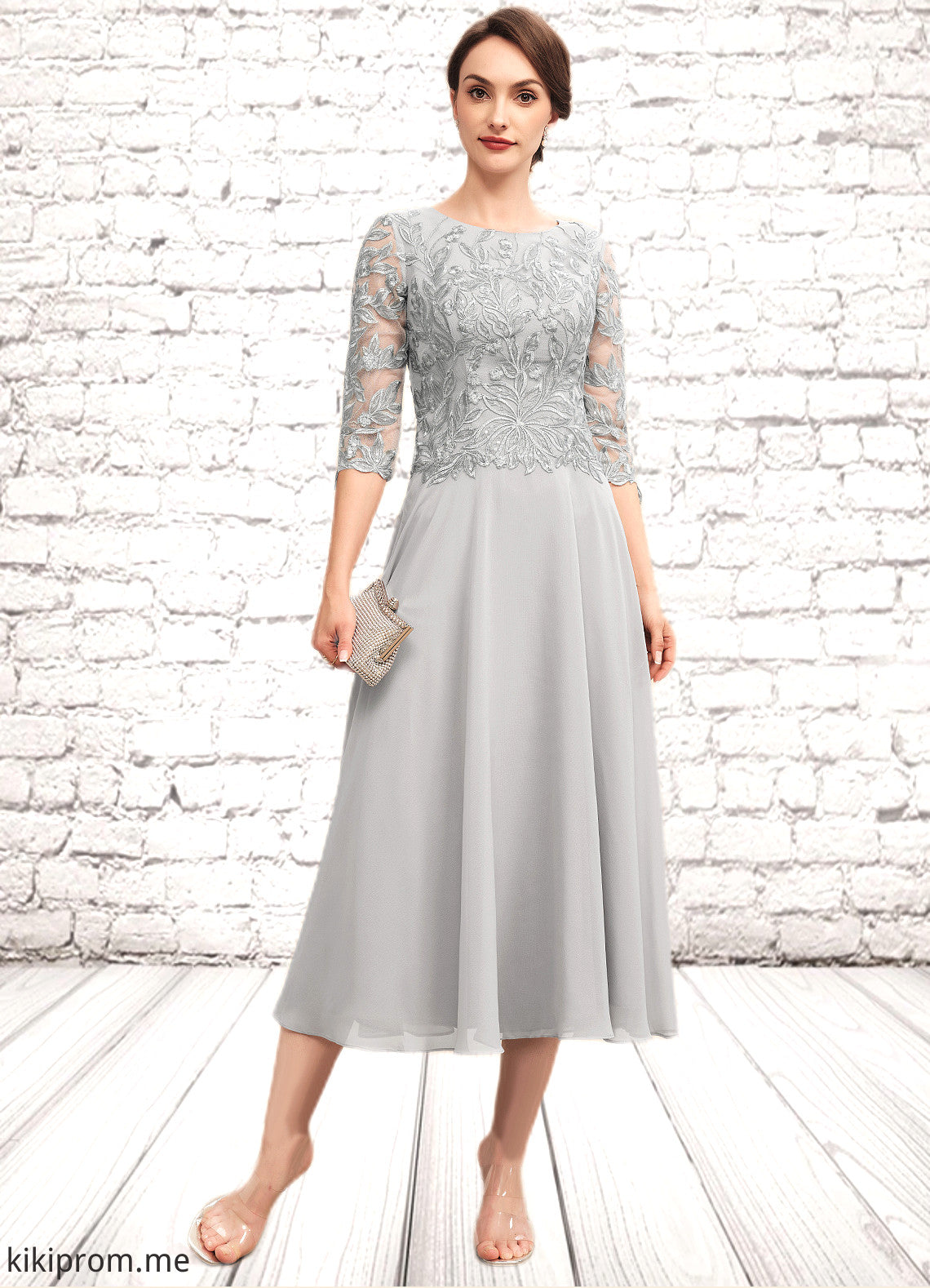 Rosalind A-Line Scoop Neck Tea-Length Chiffon Lace Mother of the Bride Dress With Sequins STF126P0014580