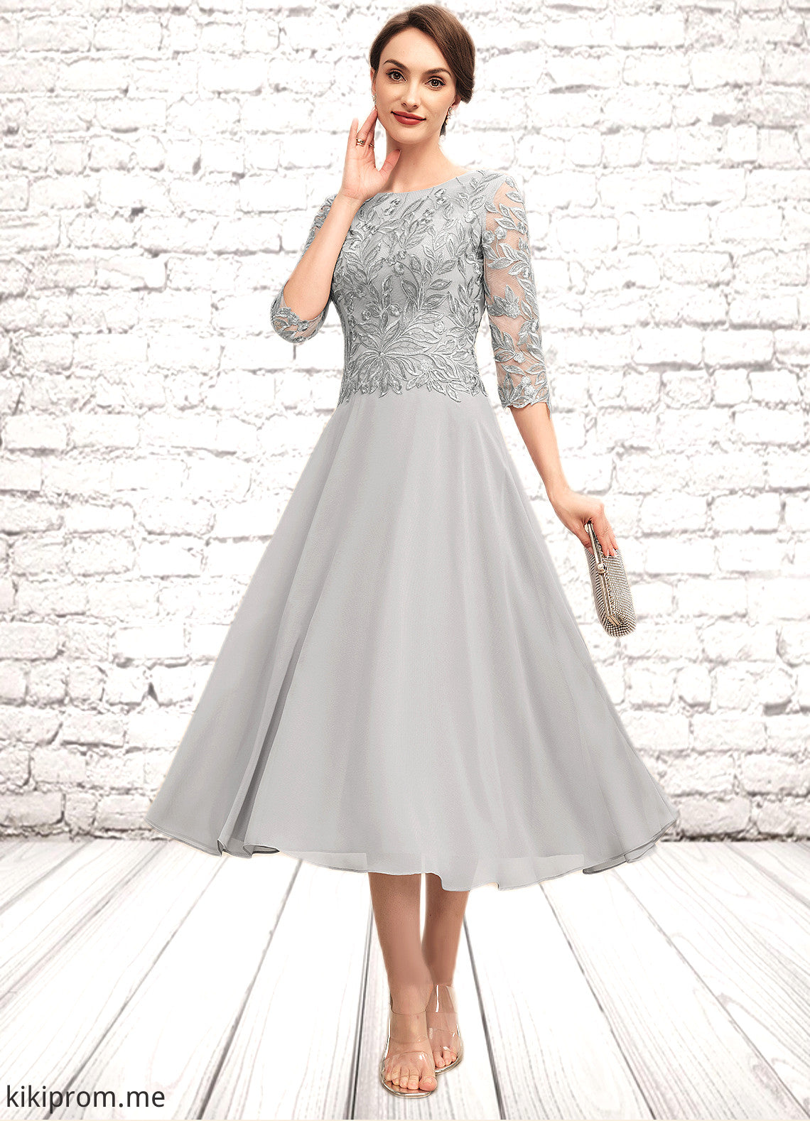 Rosalind A-Line Scoop Neck Tea-Length Chiffon Lace Mother of the Bride Dress With Sequins STF126P0014580