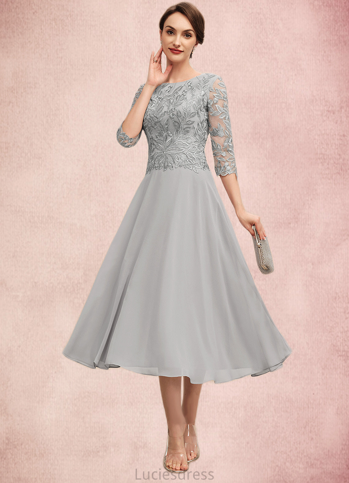 Tara A-Line Scoop Neck Tea-Length Chiffon Lace Mother of the Bride Dress With Sequins HF126P0014580