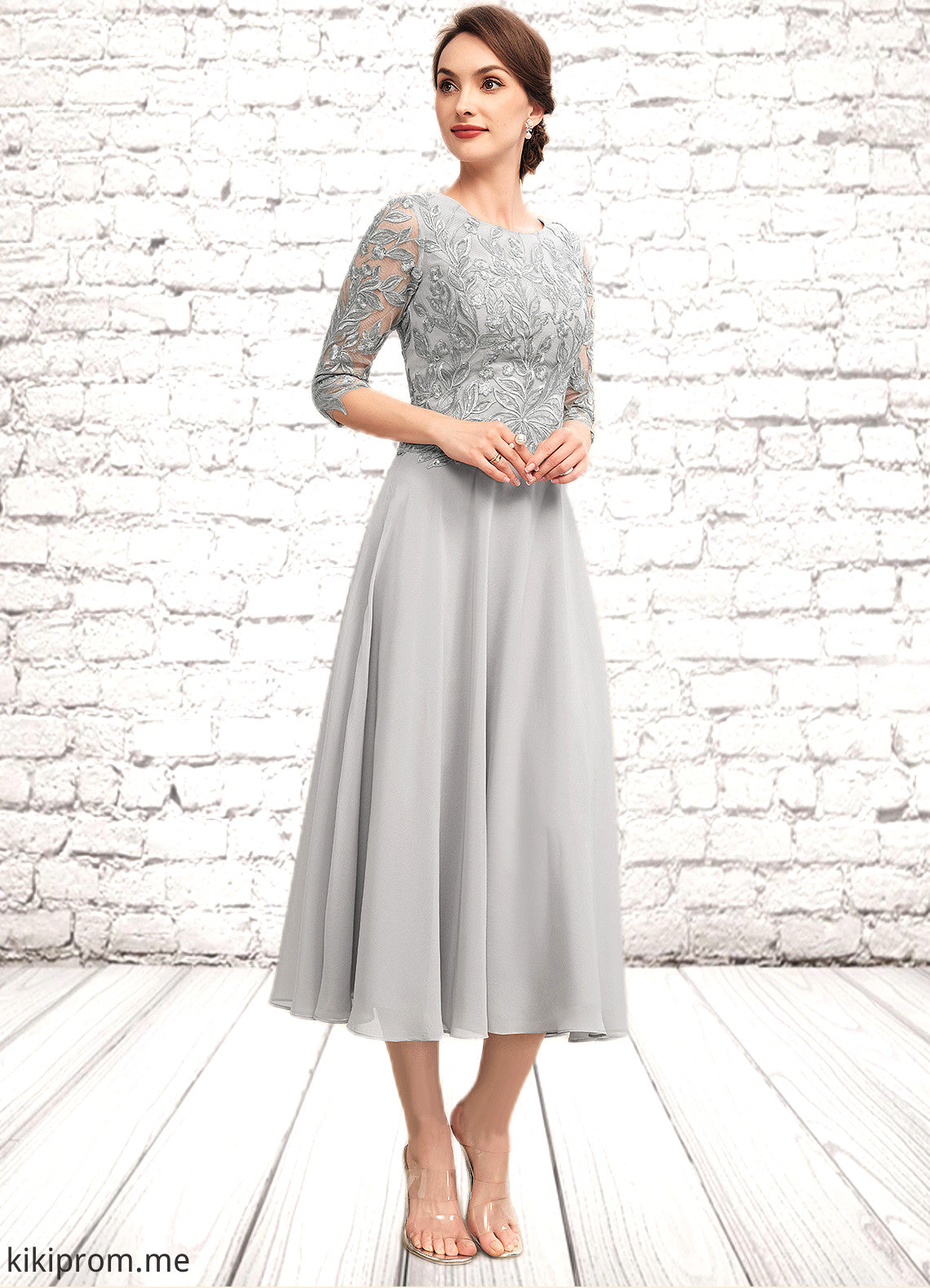 Rosalind A-Line Scoop Neck Tea-Length Chiffon Lace Mother of the Bride Dress With Sequins STF126P0014580